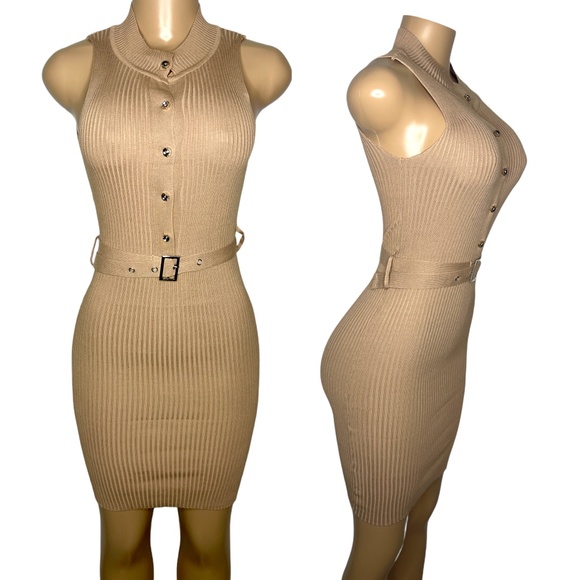 Size Small Beige Elegant Women Dress with Belt Halter Sleveless High Neck Dress - Picture 1 of 7